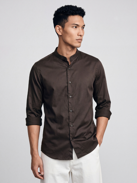 Brown Satin Mandarin Collar Shirt