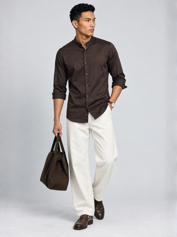 Brown Satin Mandarin Collar Shirt