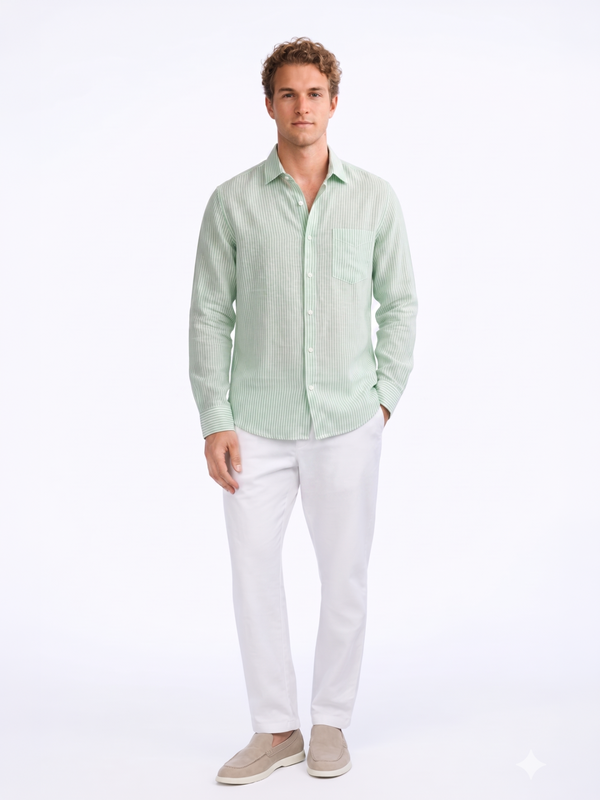 Linen Rich Light Green Striped Shirt