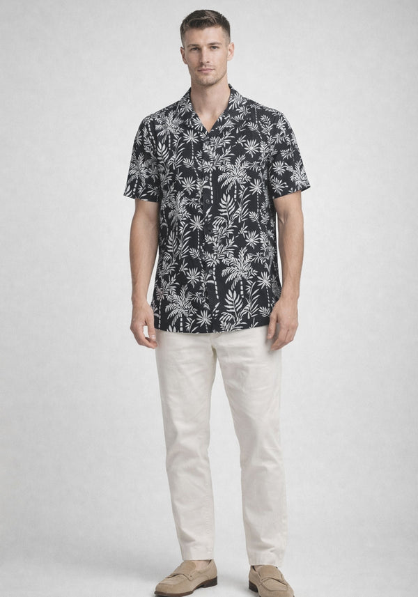 Black Cuban Collar Print Shirt