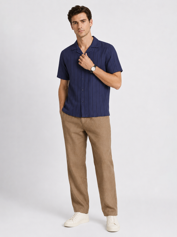 Navy Cuban Collar Textured Shirt