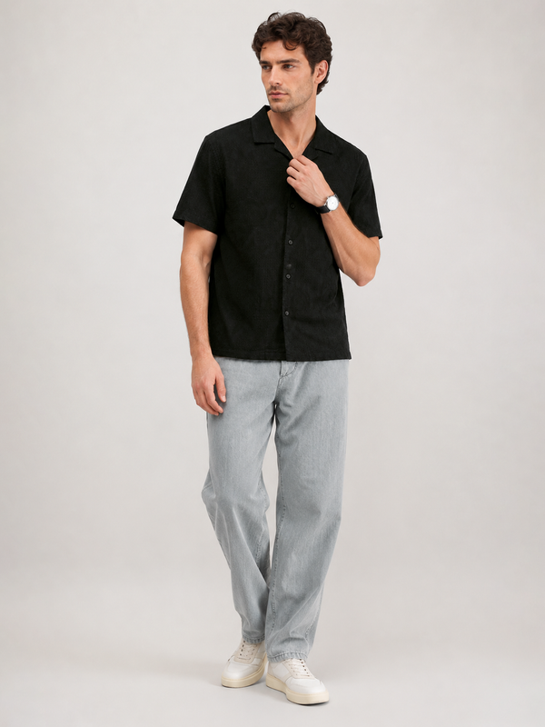 Black Cuban Collar Textured Shirt