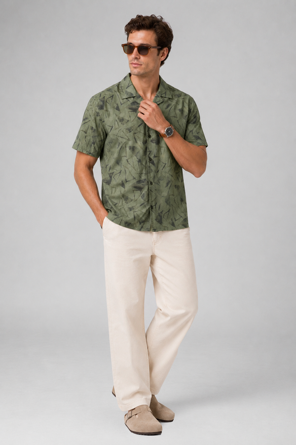 Olive Cuban Collar Print Shirt