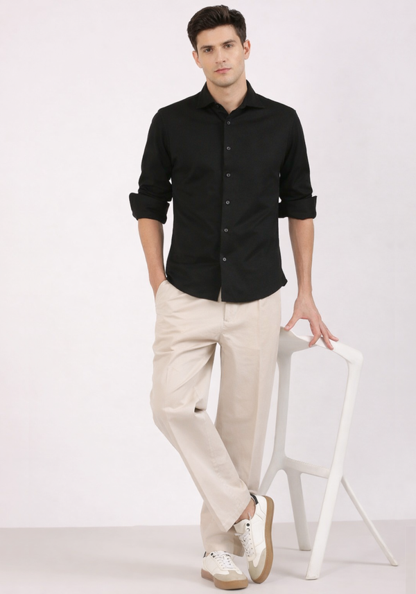 Slim Fit Textured Black Knit Shirt