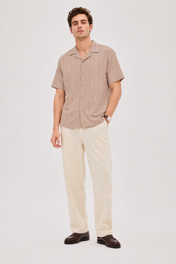 Brown Cuban Collar Textured Shirt