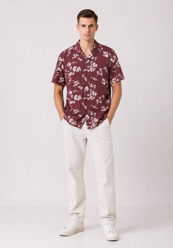 Maroon Cuban Collar Print Shirt