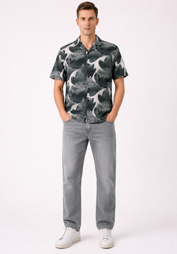 Charcoal Cuban Collar Print Shirt