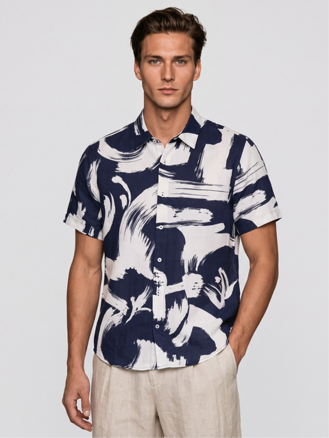 Linen Rich Navy Brushstroke Shirt