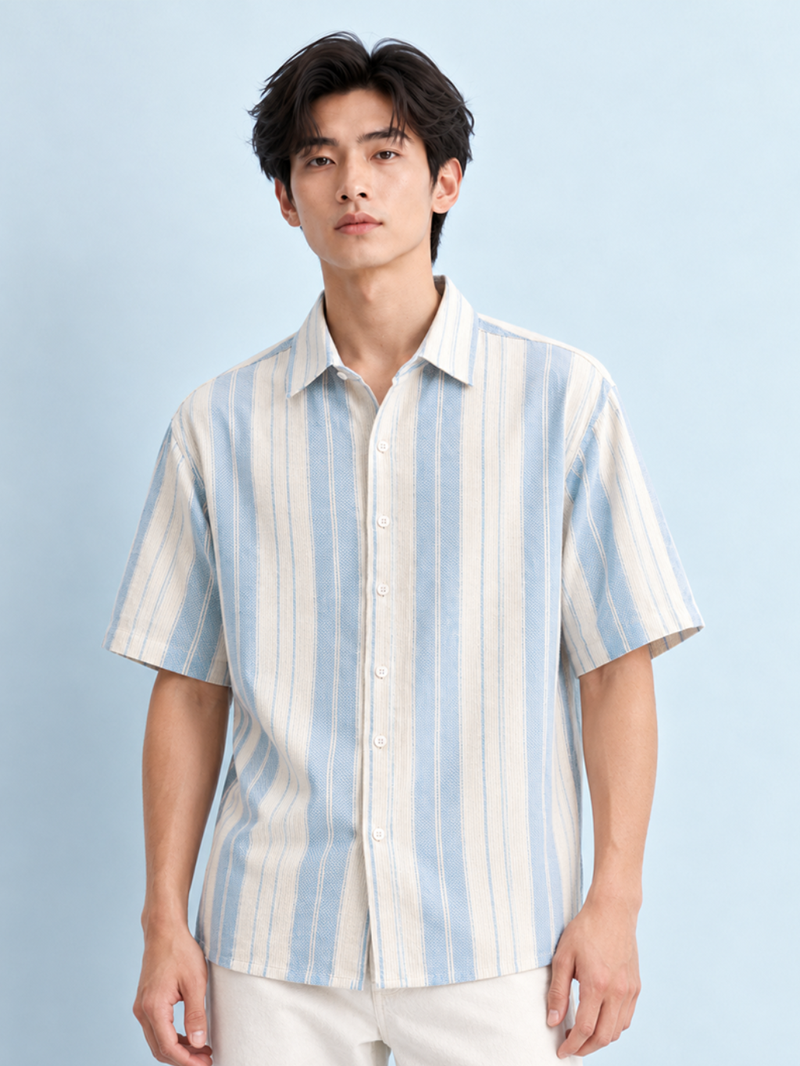 Blue Vertical Stripe Textured Shirt