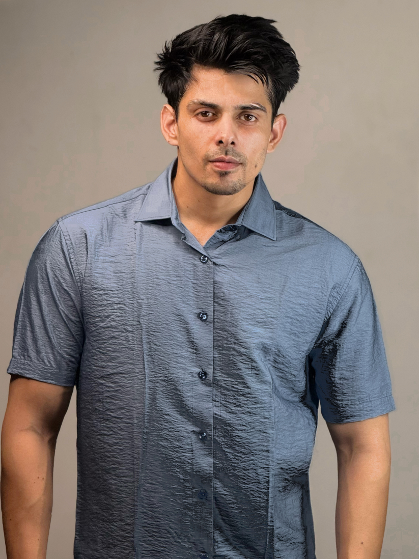 Blue Grey Crinkled Solid Shirt.
