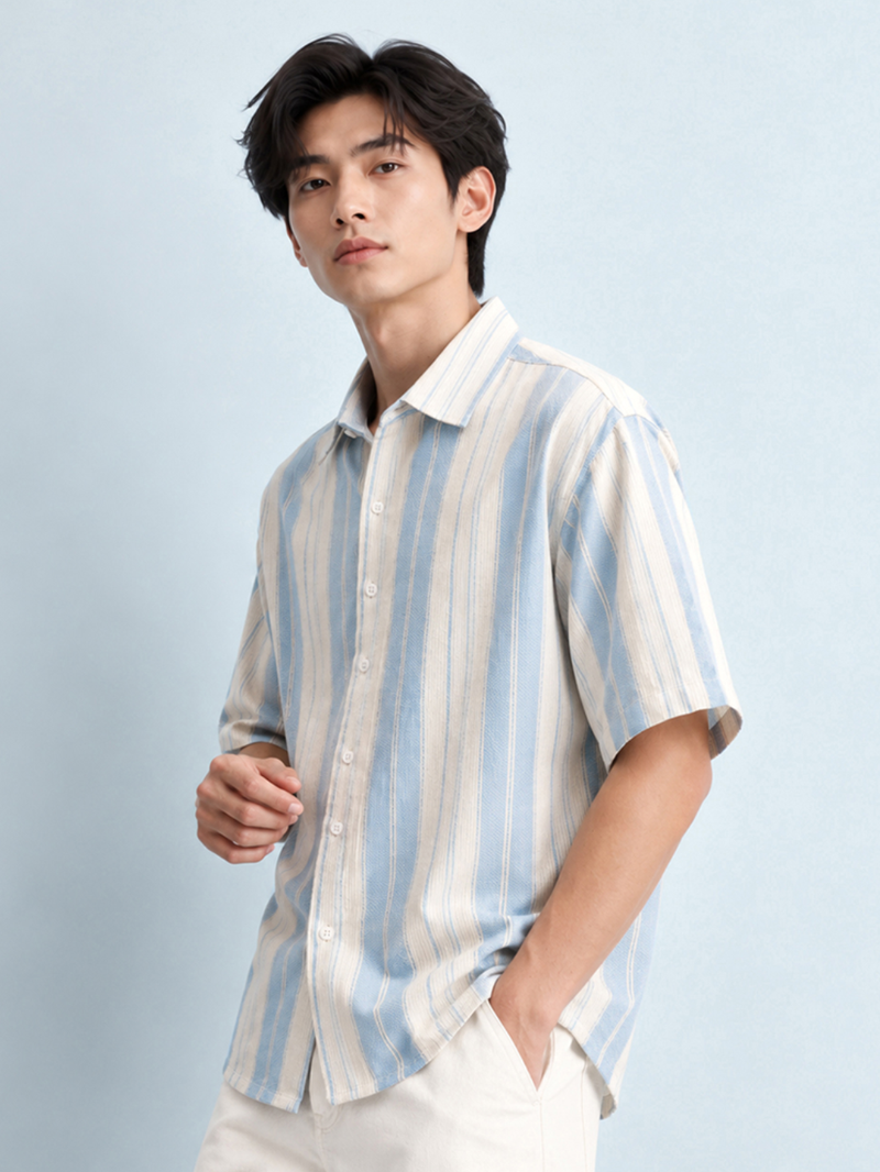 Blue Vertical Stripe Textured Shirt