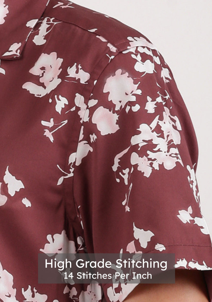 Maroon Cuban Collar Print Shirt