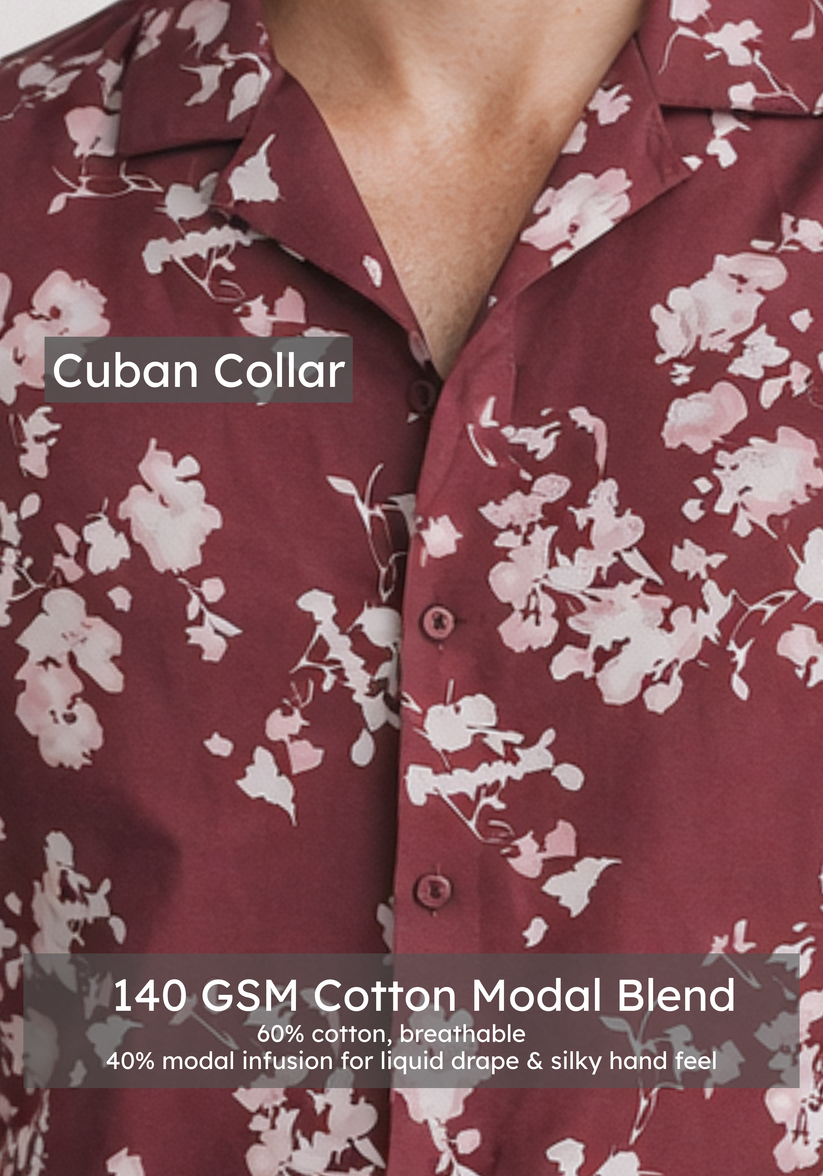 Regular Fit Maroon Cuban Collar Print Shirt