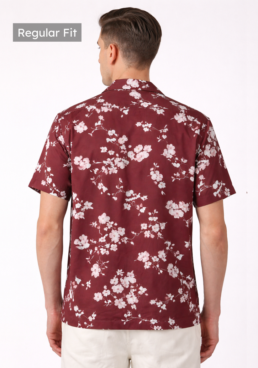 Maroon Cuban Collar Print Shirt