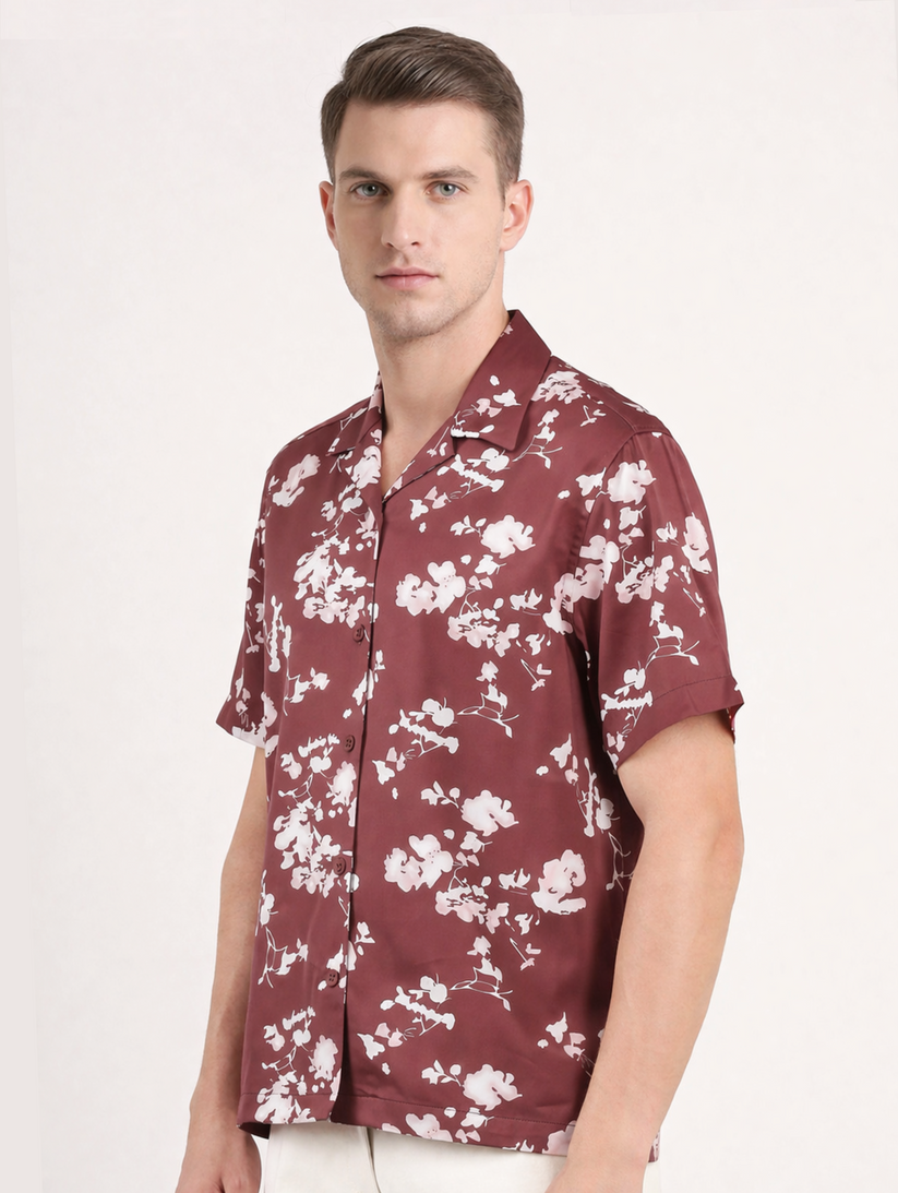 Maroon Cuban Collar Print Shirt