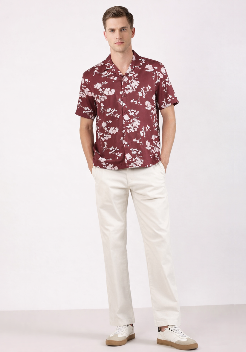 Maroon Cuban Collar Print Shirt