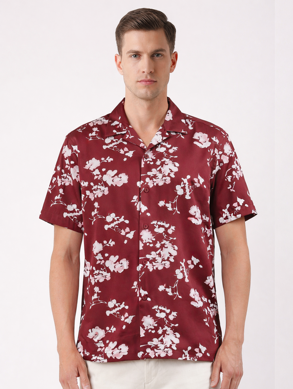 Maroon Cuban Collar Print Shirt