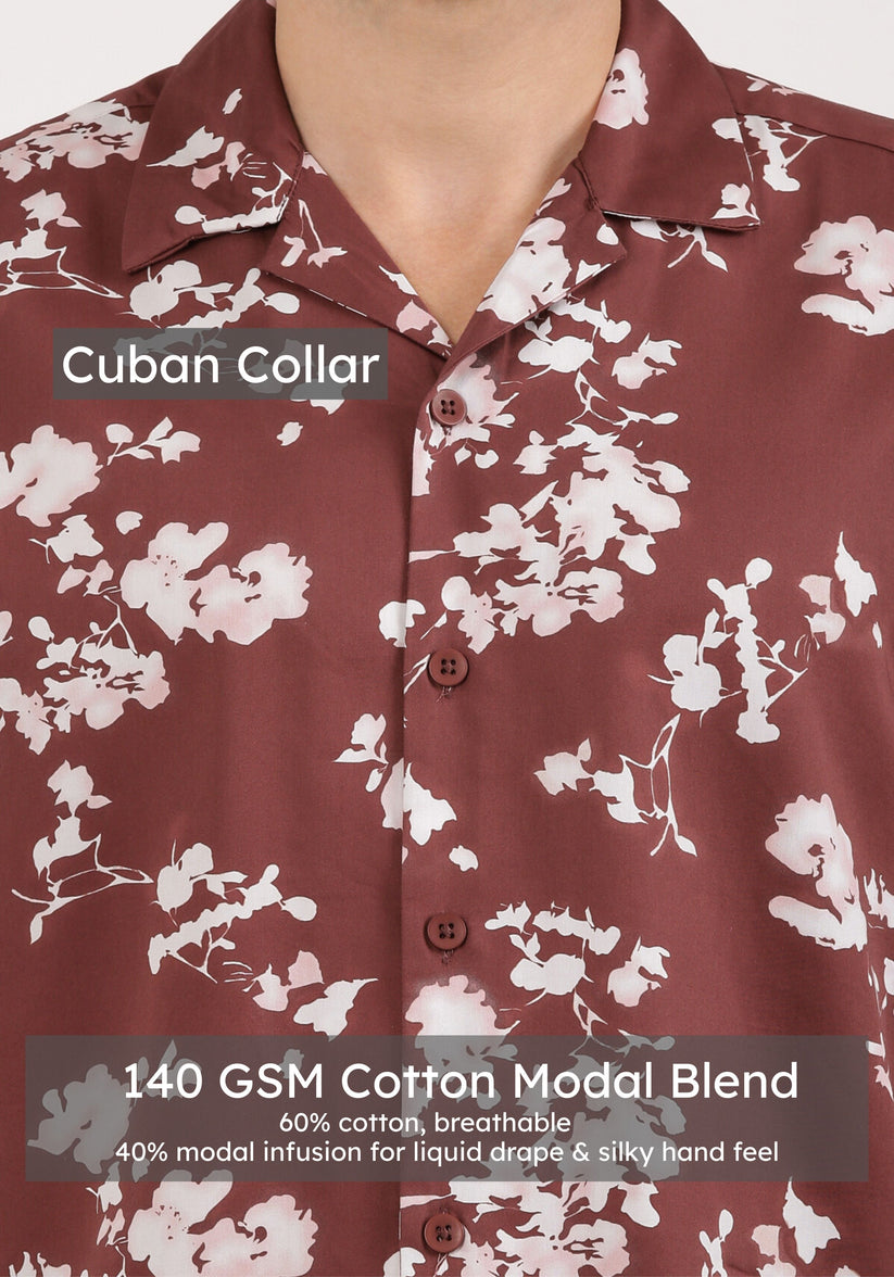 Maroon Cuban Collar Print Shirt