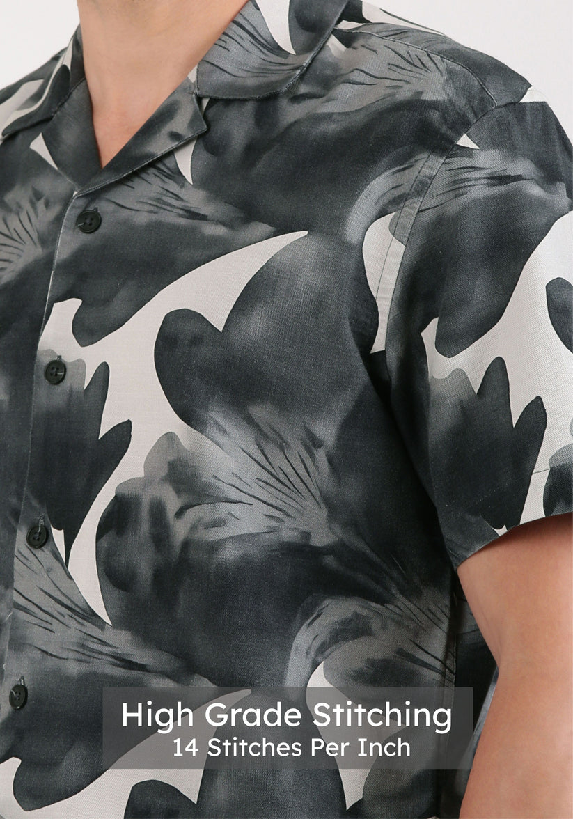 Charcoal Cuban Collar Print Shirt