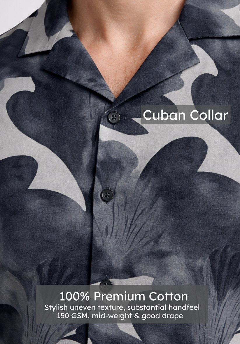 Regular Fit Charcoal Cuban Collar Print Shirt