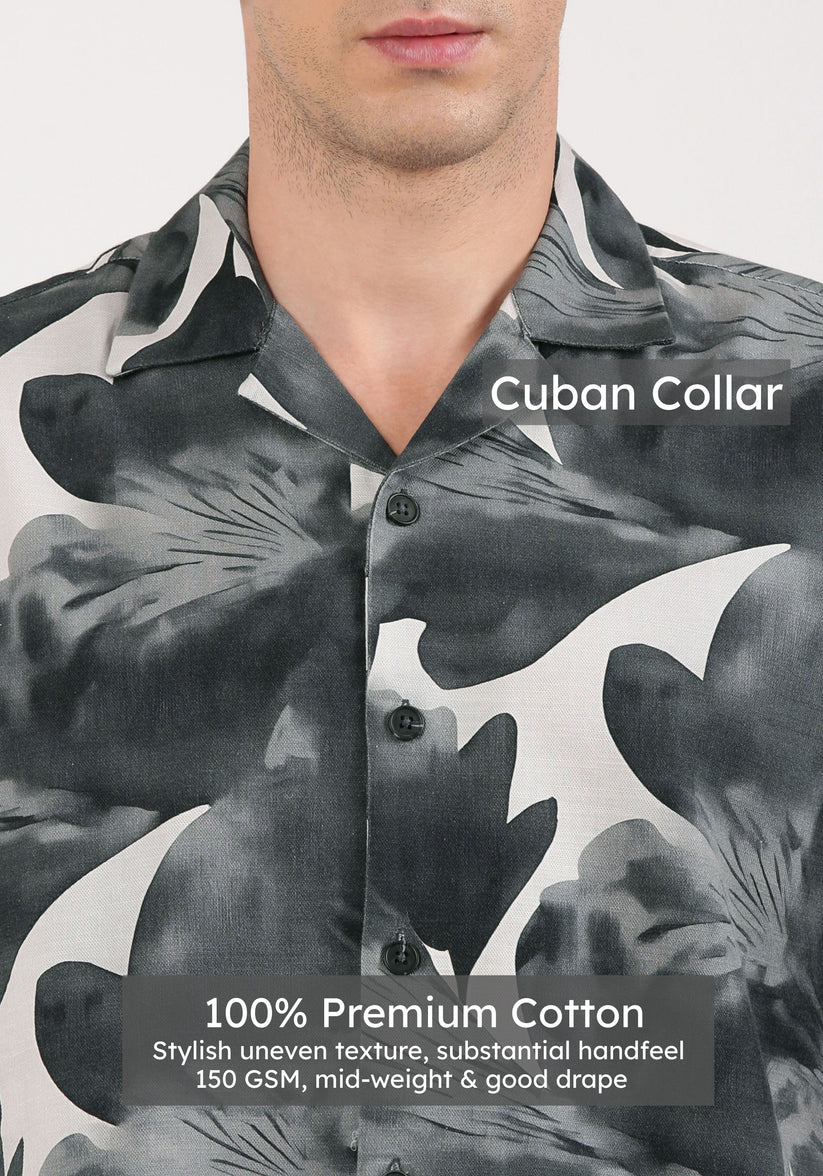 Charcoal Cuban Collar Print Shirt