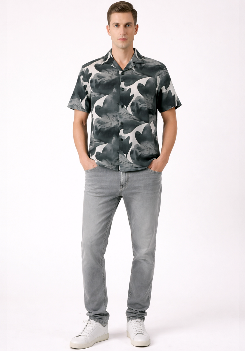 Charcoal Cuban Collar Print Shirt