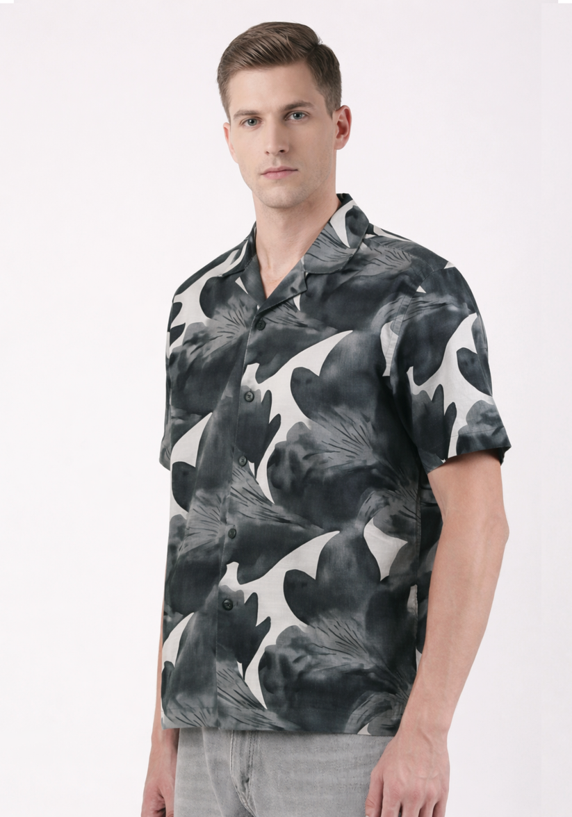 Charcoal Cuban Collar Print Shirt