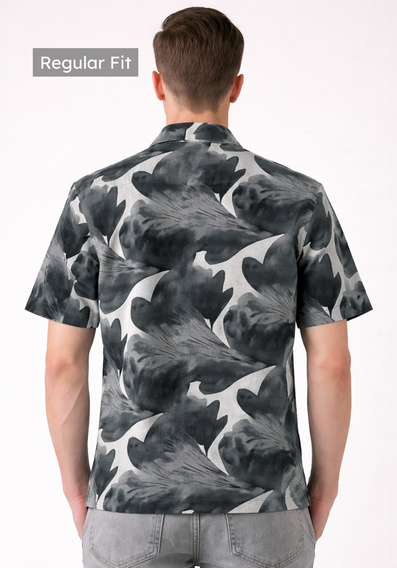 Charcoal Cuban Collar Print Shirt