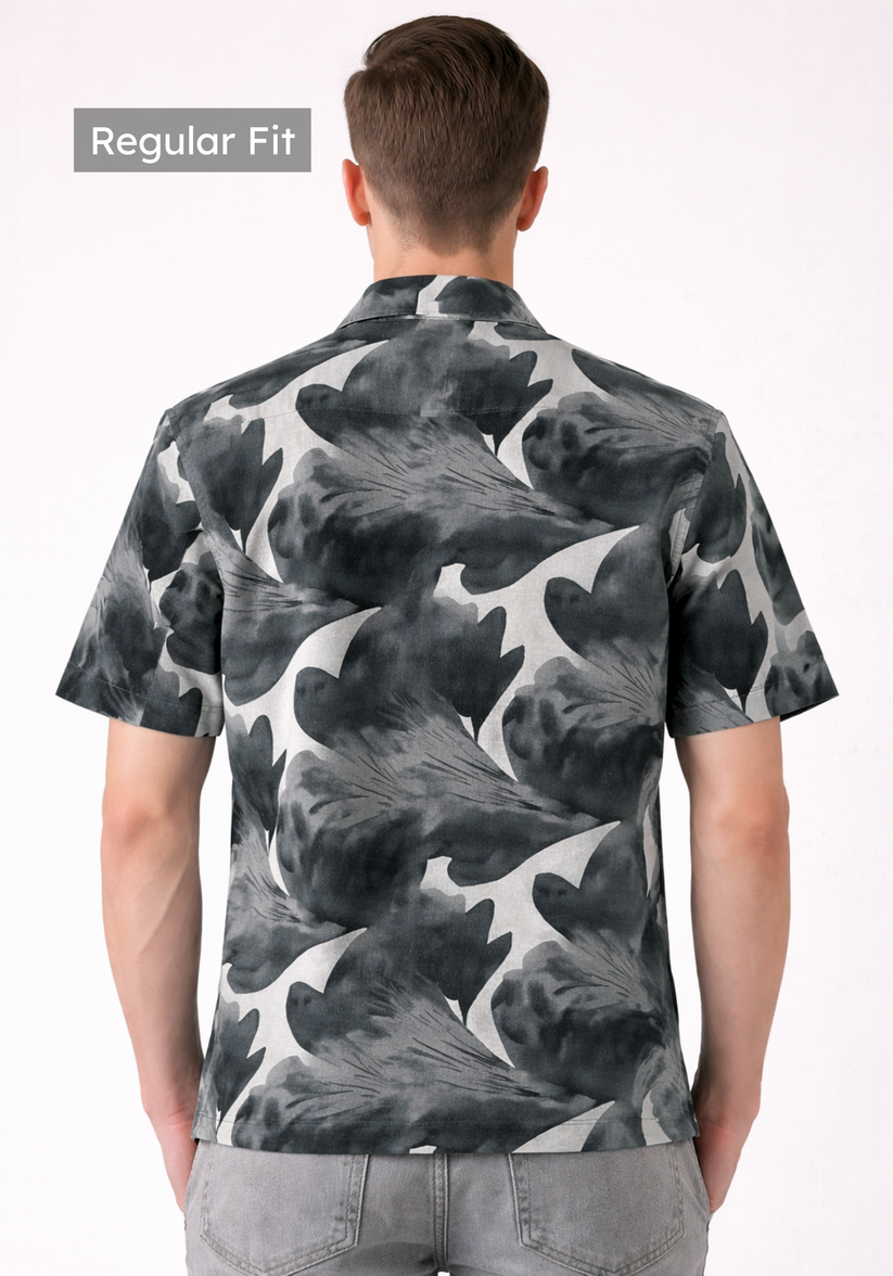 Charcoal Cuban Collar Print Shirt
