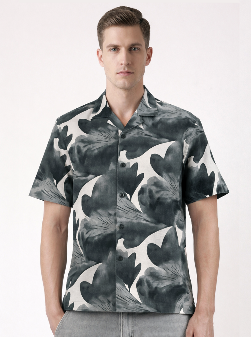 Charcoal Cuban Collar Print Shirt