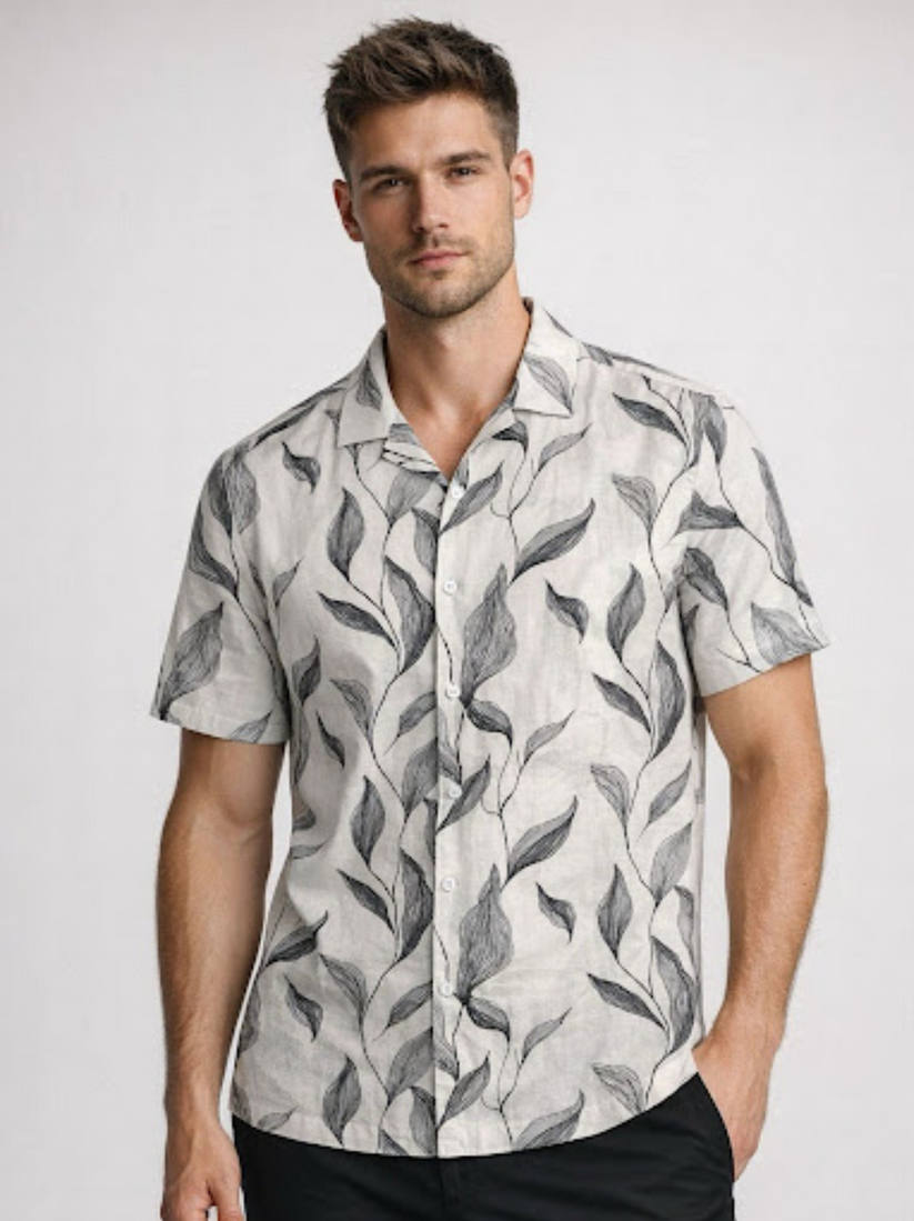 Linen Rich Ivory Print Shirt