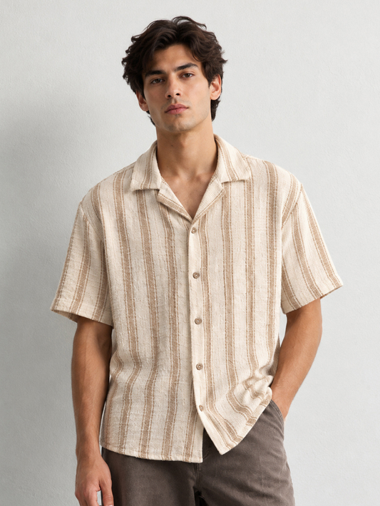 Cream Vertical Stripe Textured Shirt