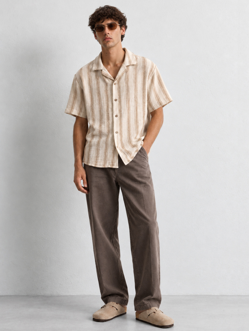 Cream Vertical Stripe Textured Shirt