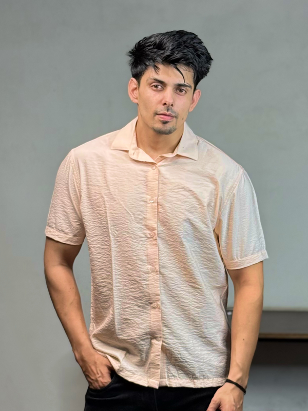 Champagne Pink Crinkled Solid Shirt.