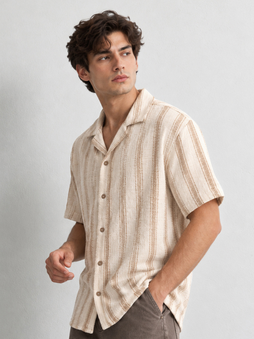 Cream Vertical Stripe Textured Shirt