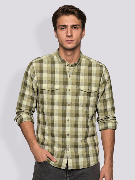 Olive Check Mandarin Collar Shirt