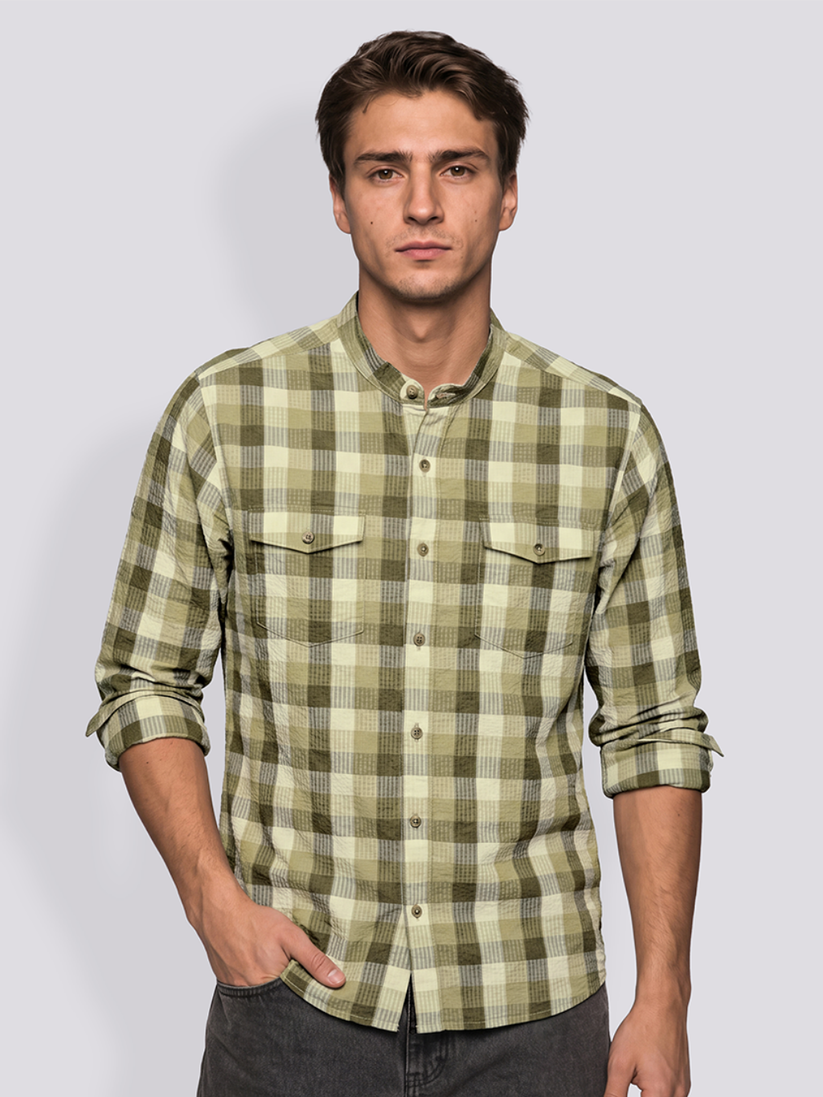 Olive Check Mandarin Collar Shirt