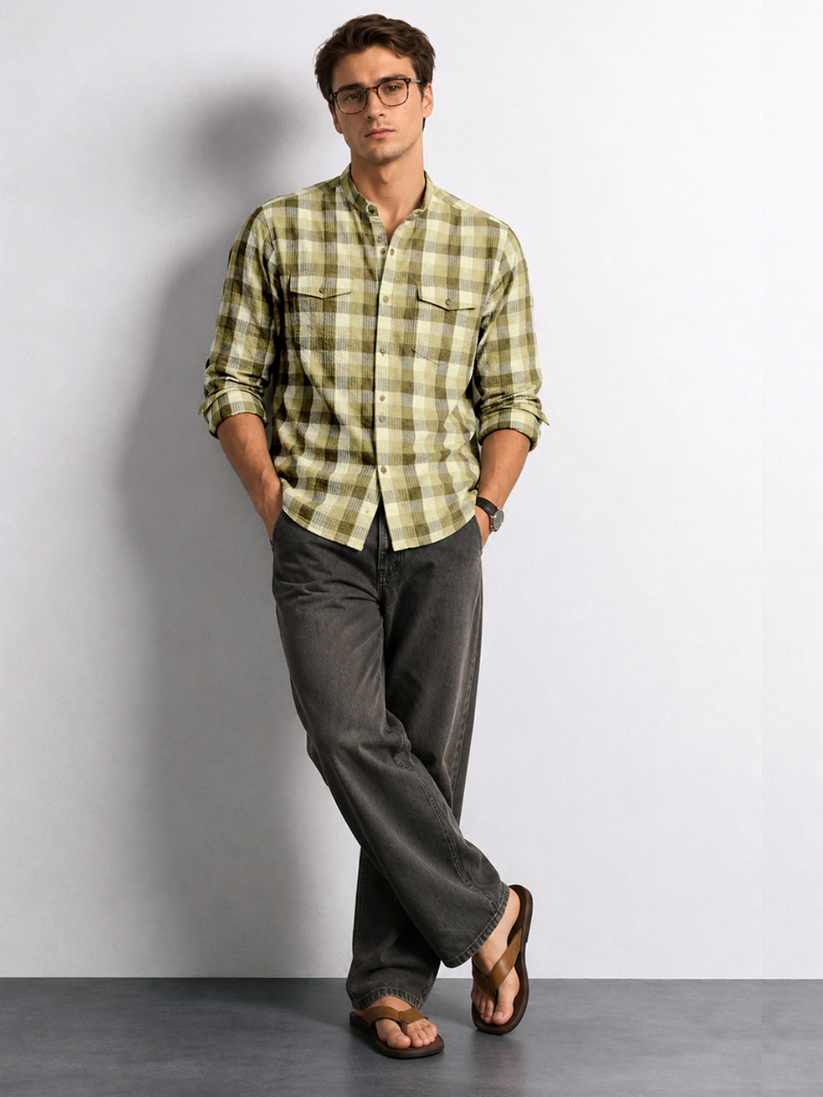 Olive Check Mandarin Collar Shirt