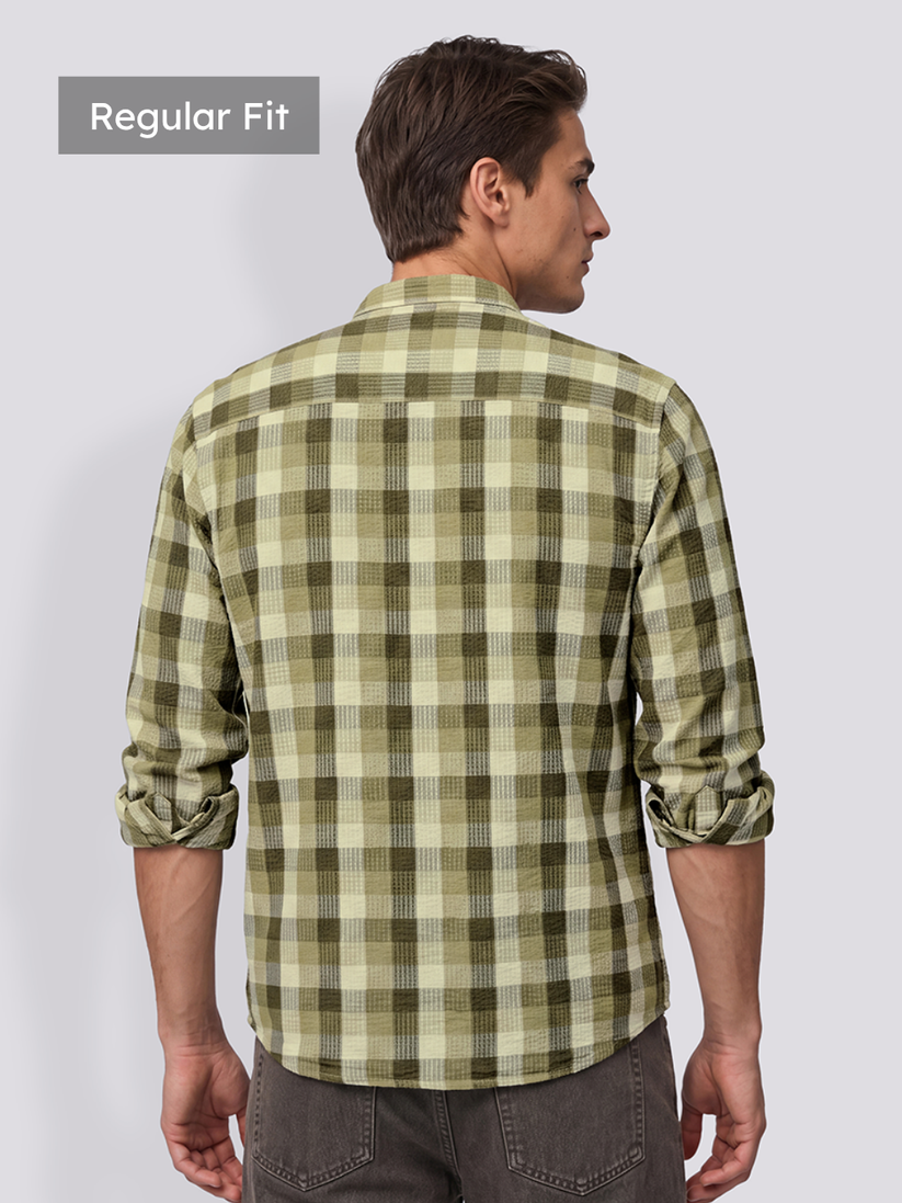 Olive Check Mandarin Collar Shirt