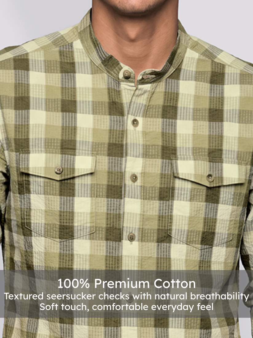Olive Check Mandarin Collar Shirt