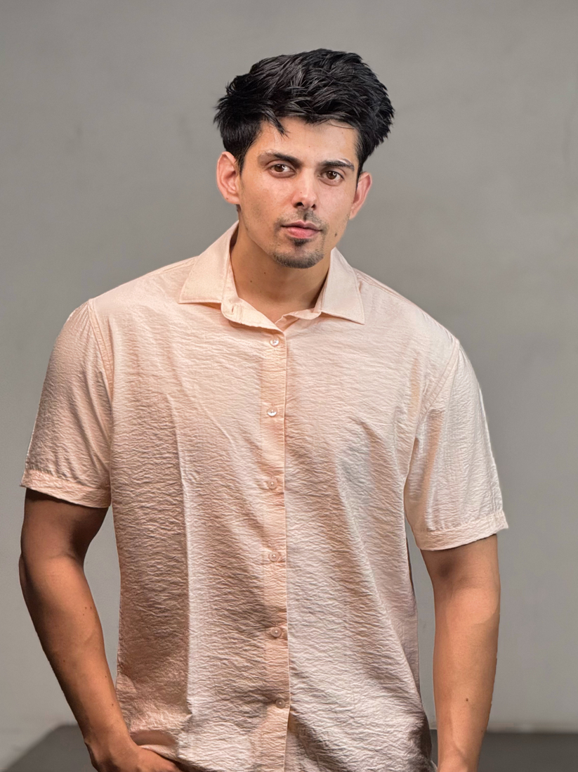 Champagne Pink Crinkled Solid Shirt.