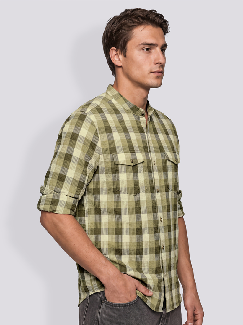 Olive Check Mandarin Collar Shirt