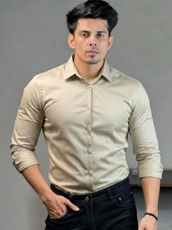 Slim Fit Beige Luxe Stretch Shirt.