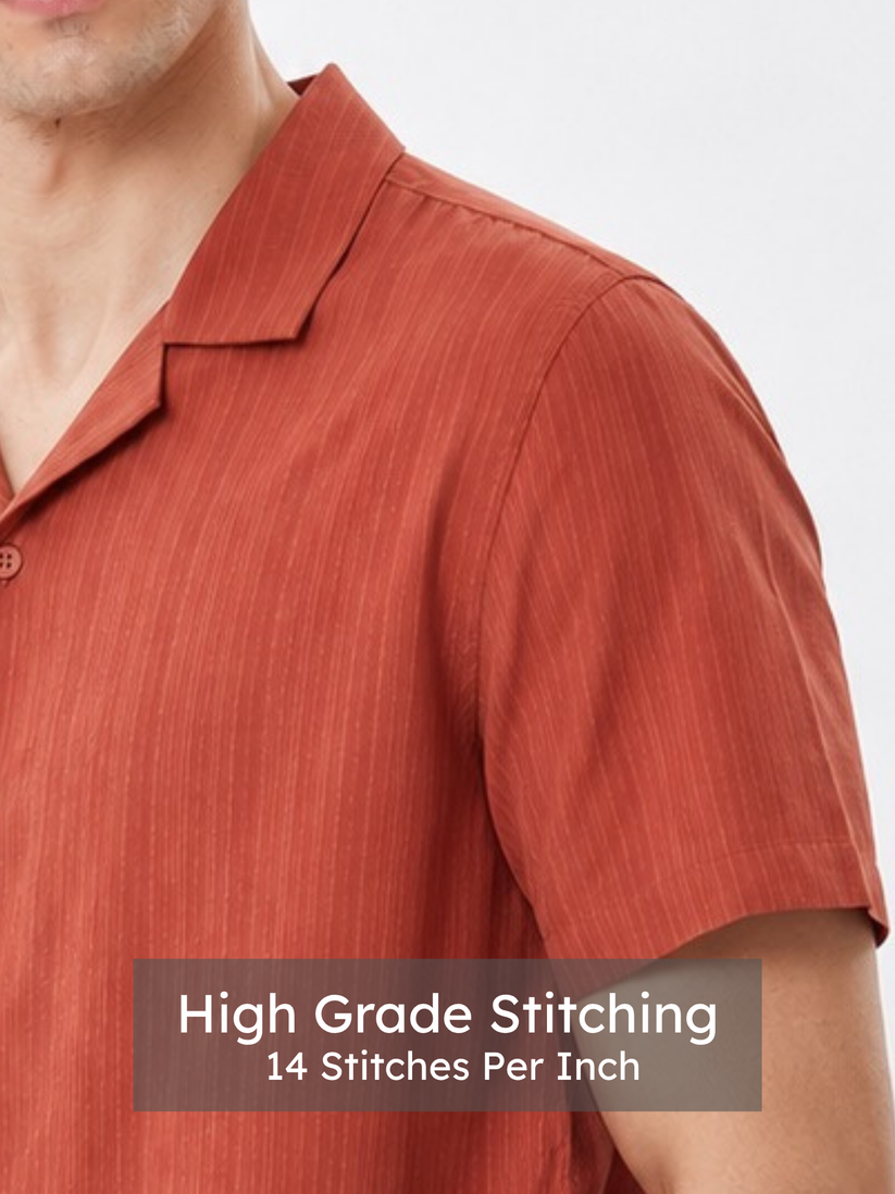 Rust Cuban Collar Textured Shirt