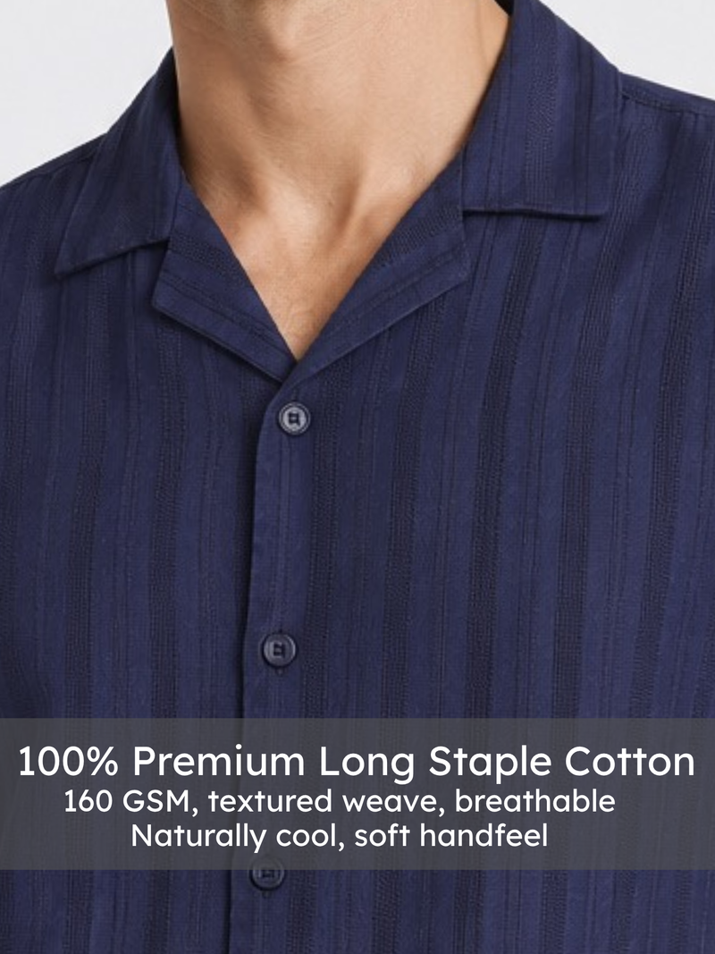 Navy Cuban Collar Textured Shirt