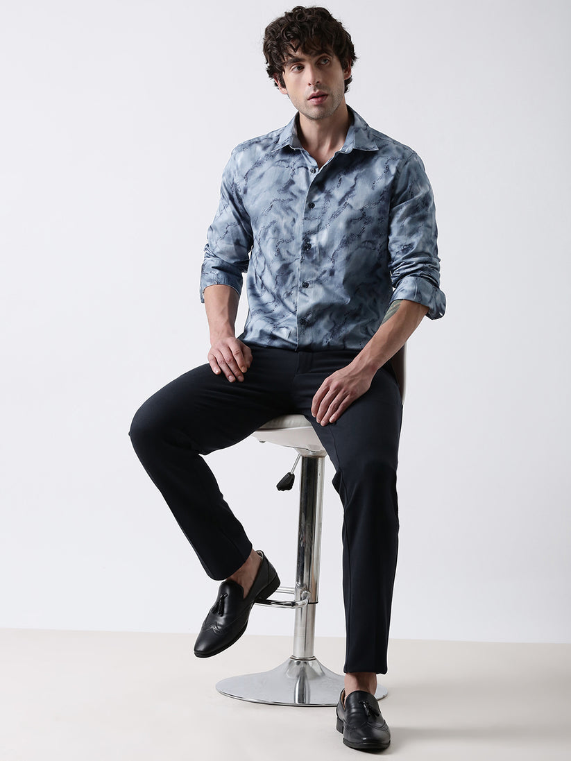 Regular Fit Blue Solid Satin Shirt