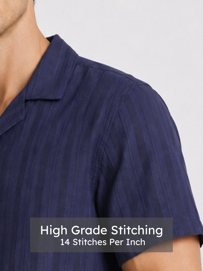 Navy Cuban Collar Textured Shirt