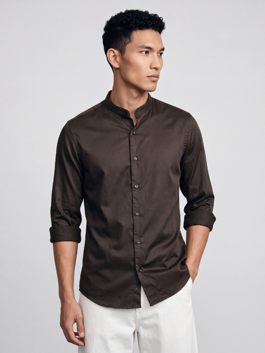 Brown Satin Mandarin Collar Shirt
