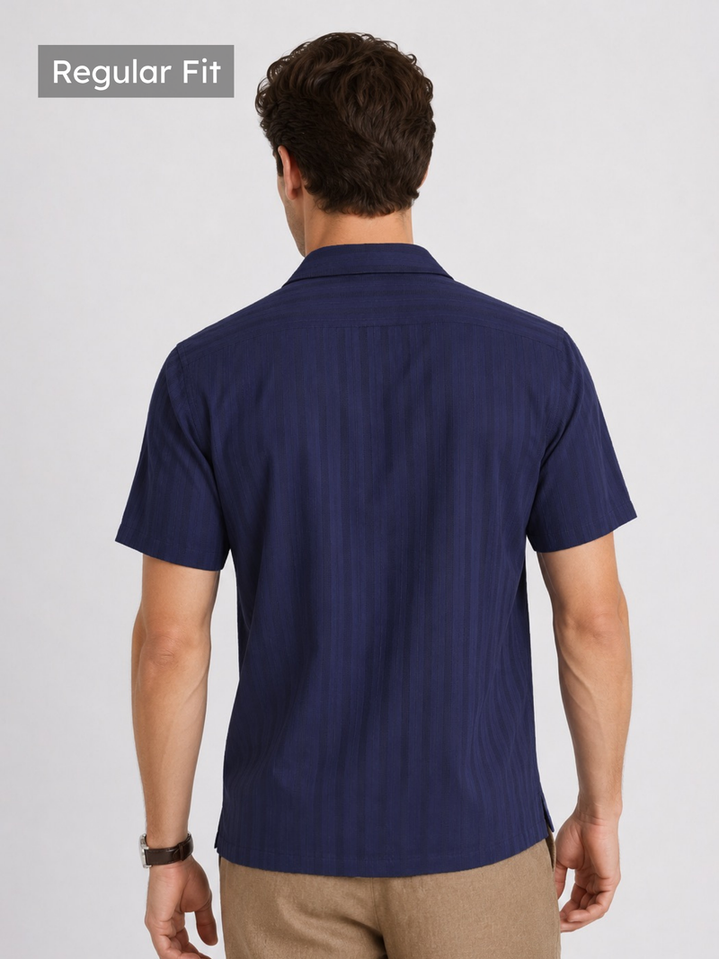 Navy Cuban Collar Textured Shirt