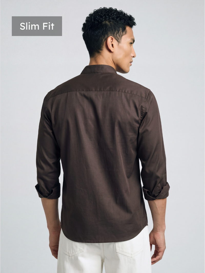 Brown Satin Mandarin Collar Shirt
